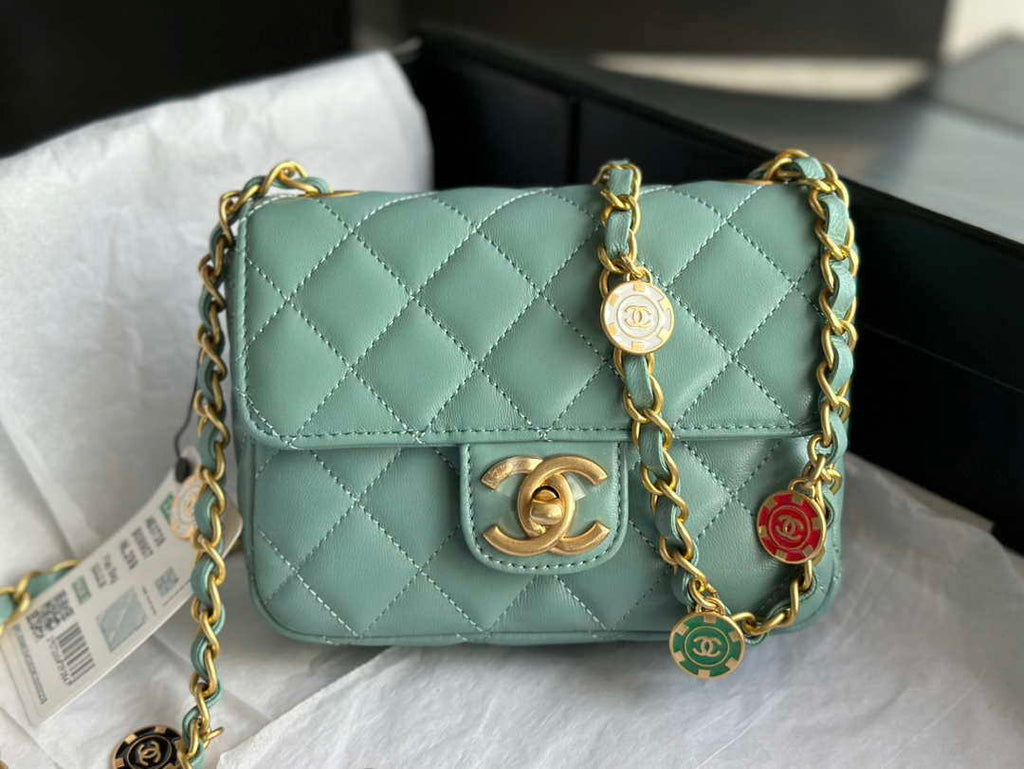 Chanel AS3738 Mini Flap Bag Lambskin Enamel & Gold-Tone Metal Blue