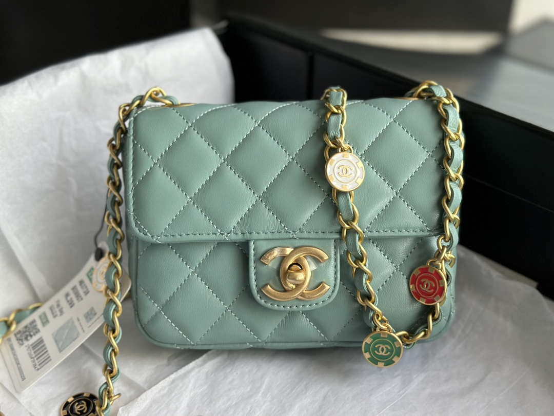 Chanel AS3738 Mini Flap Bag Lambskin Enamel & Gold-Tone Metal Blue