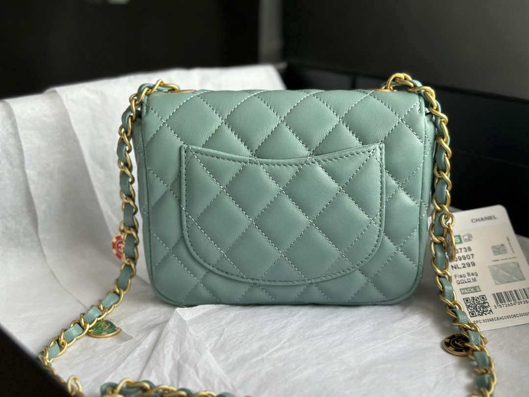 Chanel AS3738 Mini Flap Bag Lambskin Enamel & Gold-Tone Metal Blue