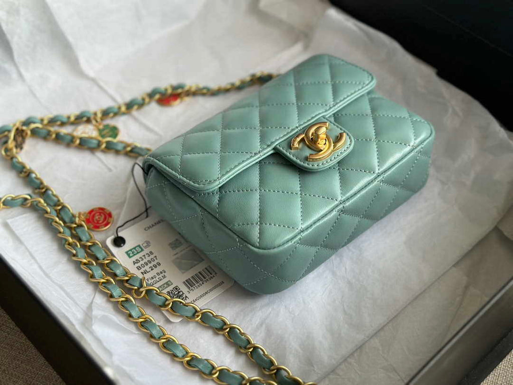 Chanel AS3738 Mini Flap Bag Lambskin Enamel & Gold-Tone Metal Blue