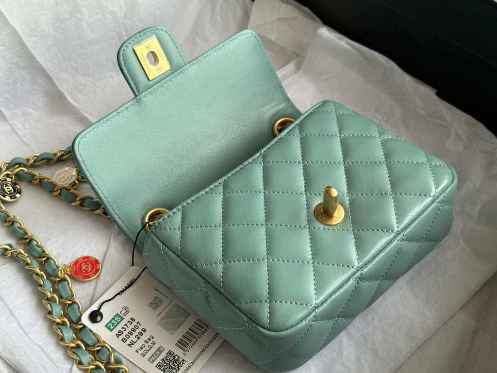 Chanel AS3738 Mini Flap Bag Lambskin Enamel & Gold-Tone Metal Blue