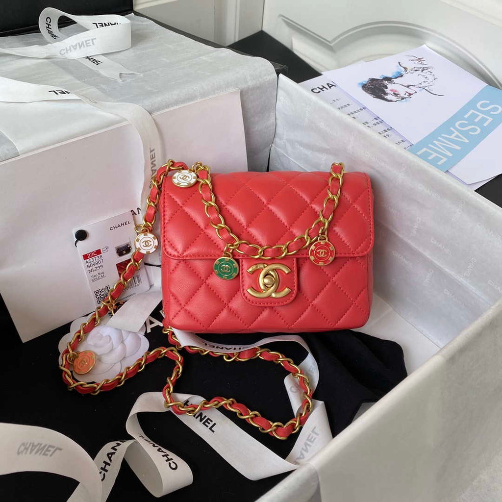 Chanel AS3738 Mini Flap Bag Lambskin Enamel & Gold-Tone Metal Red