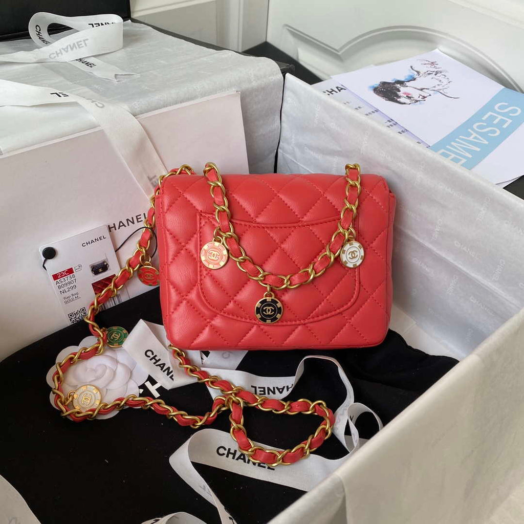 Chanel AS3738 Mini Flap Bag Lambskin Enamel & Gold-Tone Metal Red