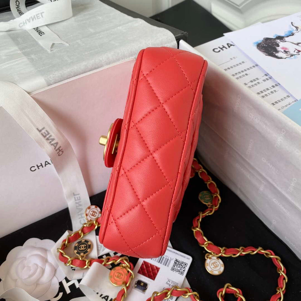 Chanel AS3738 Mini Flap Bag Lambskin Enamel & Gold-Tone Metal Red