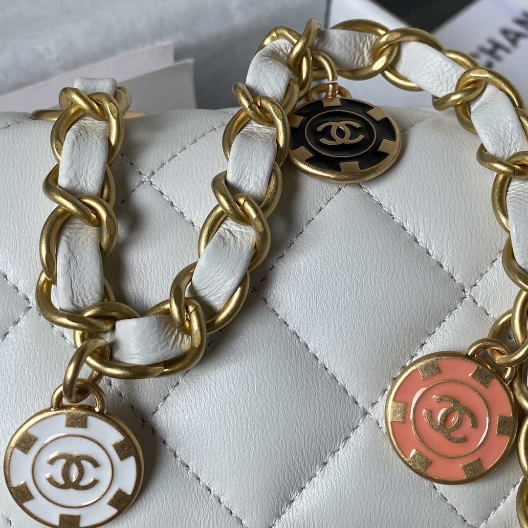 Chanel AS3738 Mini Flap Bag Lambskin Enamel & Gold-Tone Metal White