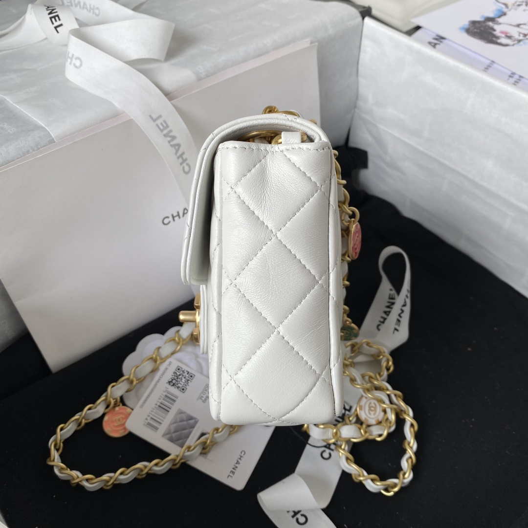 Chanel AS3738 Mini Flap Bag Lambskin Enamel & Gold-Tone Metal White