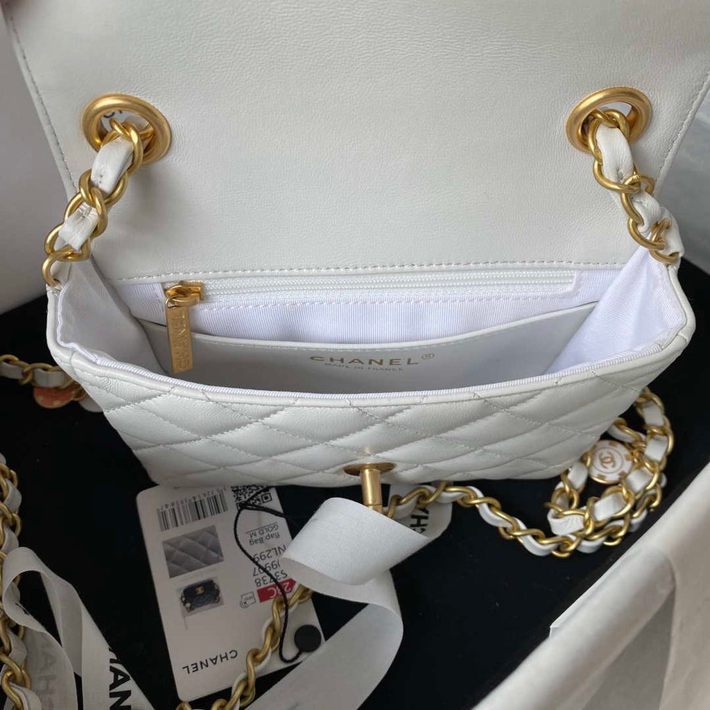 Chanel AS3738 Mini Flap Bag Lambskin Enamel & Gold-Tone Metal White