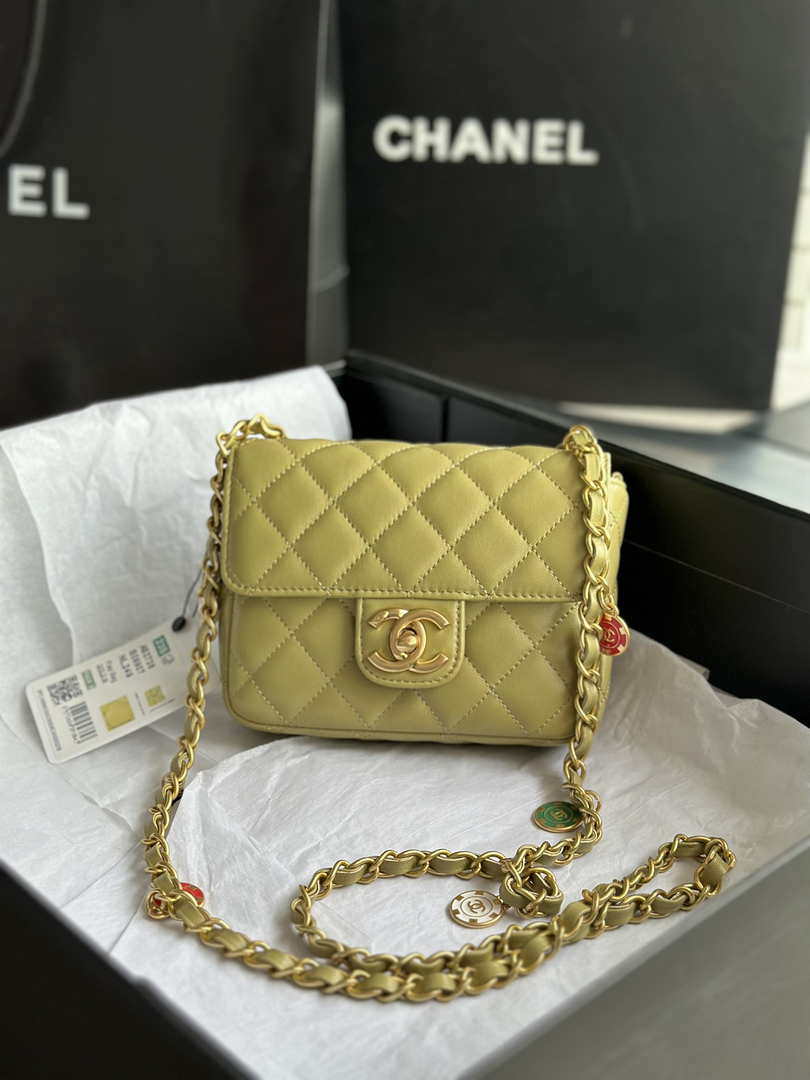 Chanel AS3738 Mini Flap Bag Lambskin Enamel & Gold-Tone Metal Yellow - Default Title - View 1
