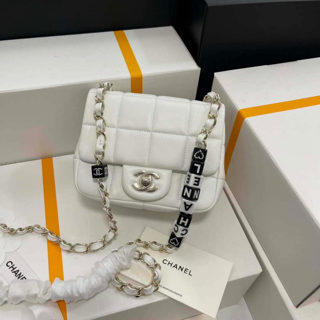 Chanel AS3744  Mini Flap Bag White Lambskin Resin & Gold-Tone Metal White