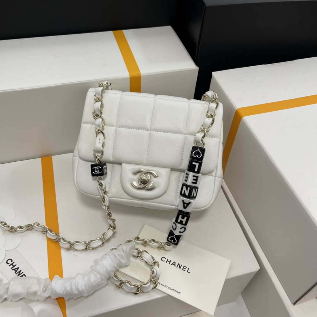Chanel AS3744  Mini Flap Bag White Lambskin Resin & Gold-Tone Metal White