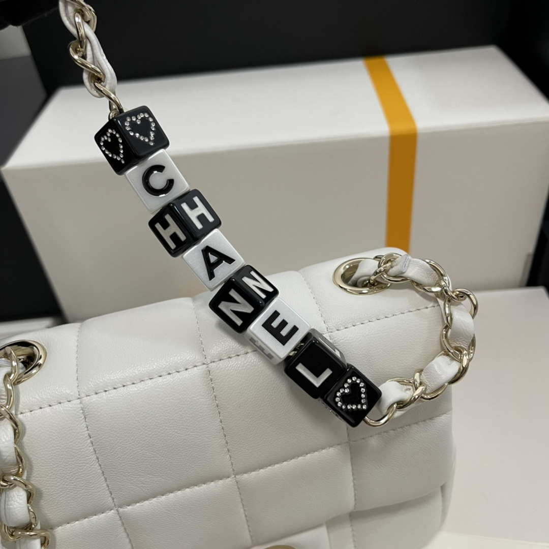 Chanel AS3744  Mini Flap Bag White Lambskin Resin & Gold-Tone Metal White