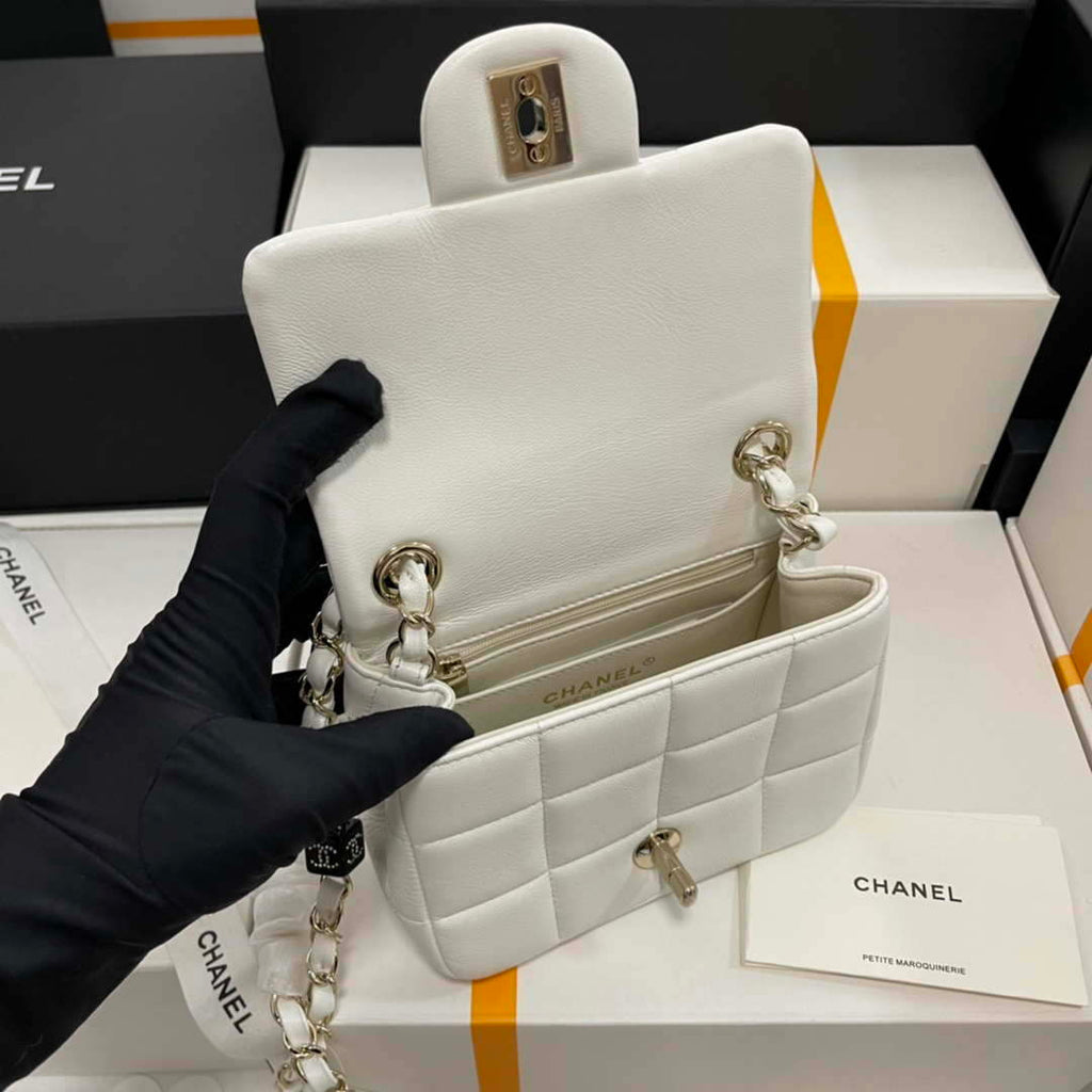 Chanel AS3744  Mini Flap Bag White Lambskin Resin & Gold-Tone Metal White