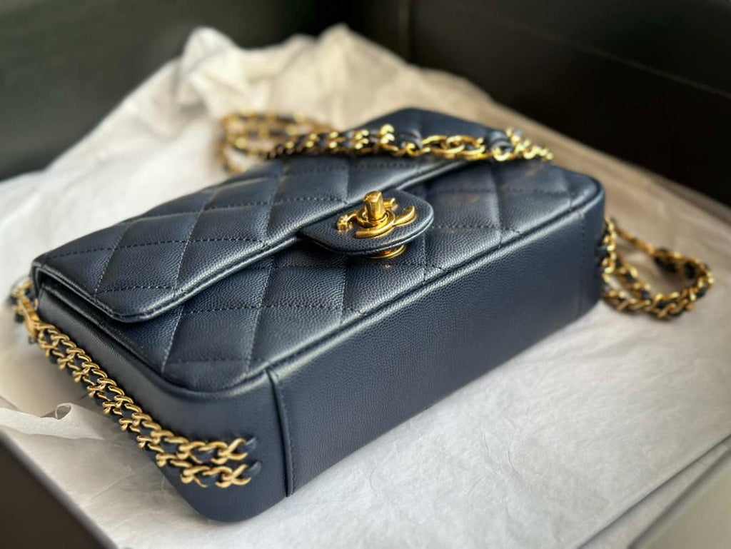 Chanel AS3757 Mini Flap Bag Grained Calfskin & Gold-Tone Metal Navy Blue