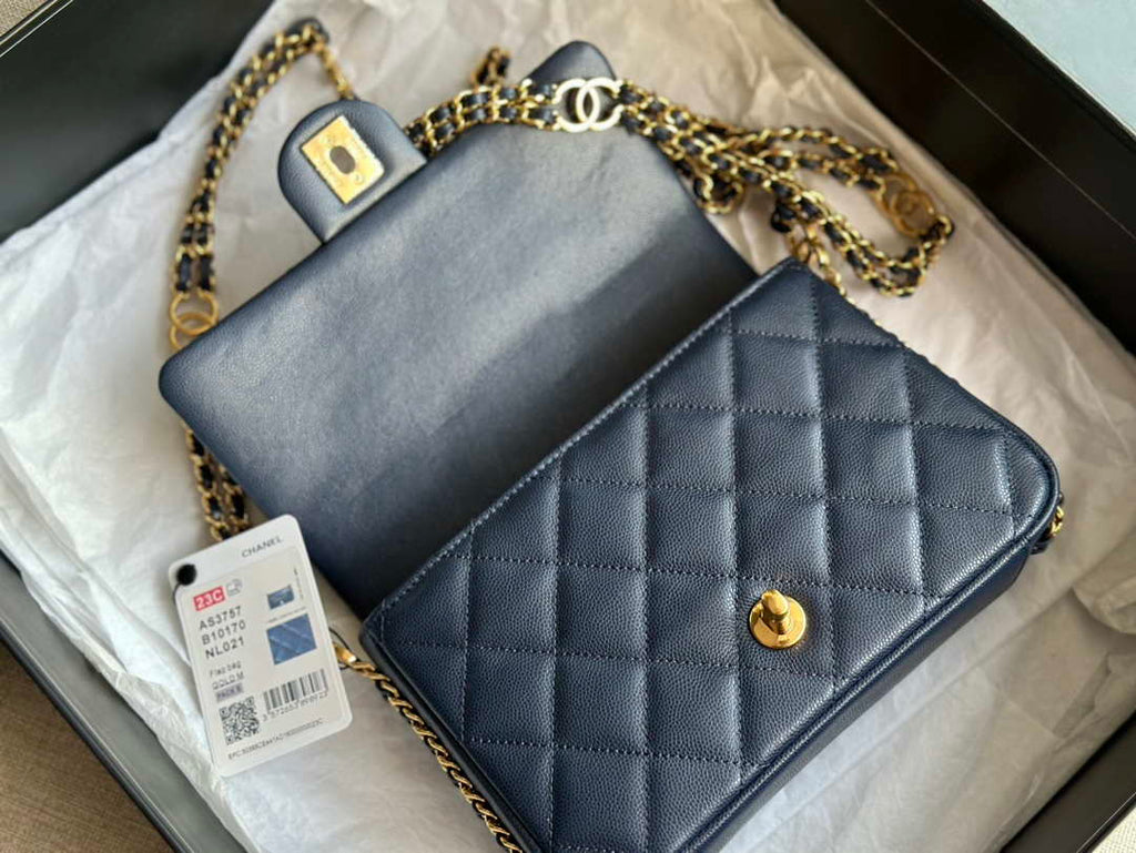 Chanel AS3757 Mini Flap Bag Grained Calfskin & Gold-Tone Metal Navy Blue