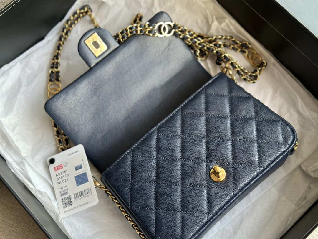 Chanel AS3757 Mini Flap Bag Grained Calfskin & Gold-Tone Metal Navy Blue - Default Title - View 7