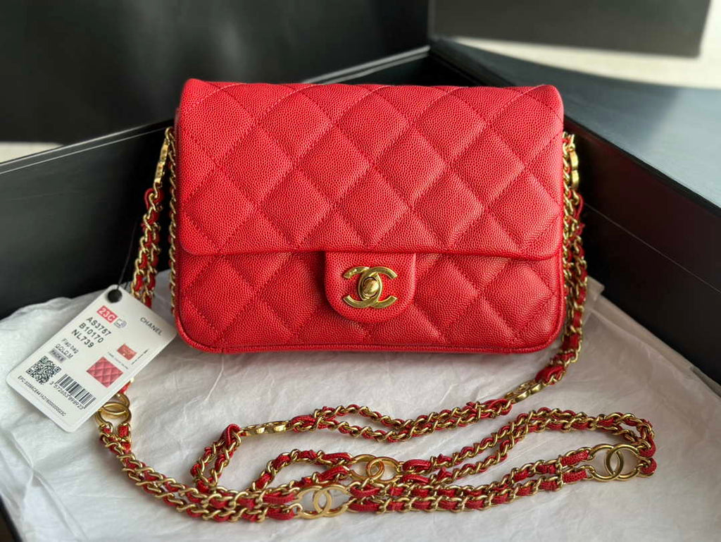 Chanel AS3757 Mini Flap Bag Grained Calfskin & Gold-Tone Metal Red