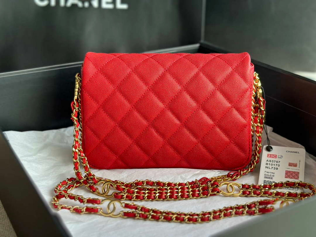 Chanel AS3757 Mini Flap Bag Grained Calfskin & Gold-Tone Metal Red