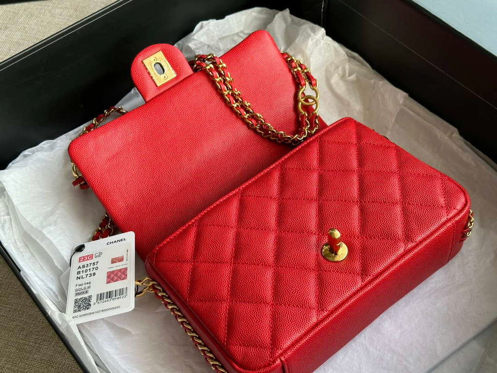 Chanel AS3757 Mini Flap Bag Grained Calfskin & Gold-Tone Metal Red