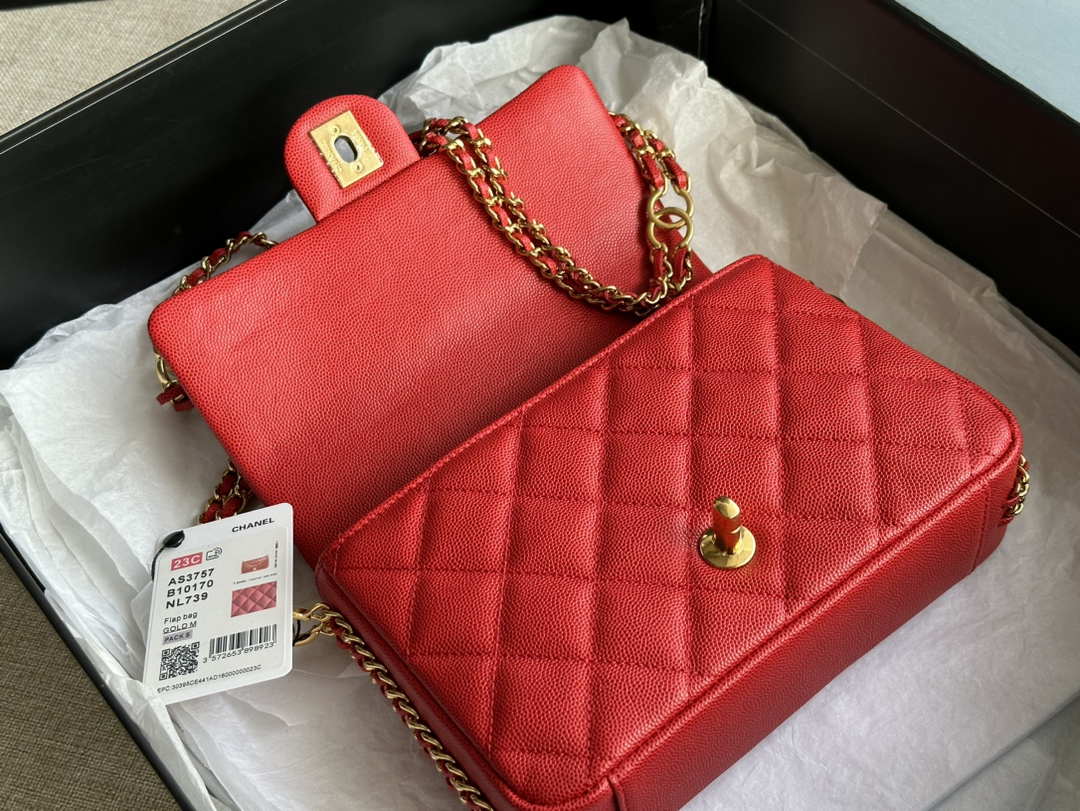 Chanel AS3757 Mini Flap Bag Grained Calfskin & Gold-Tone Metal Red - Default Title - View 7
