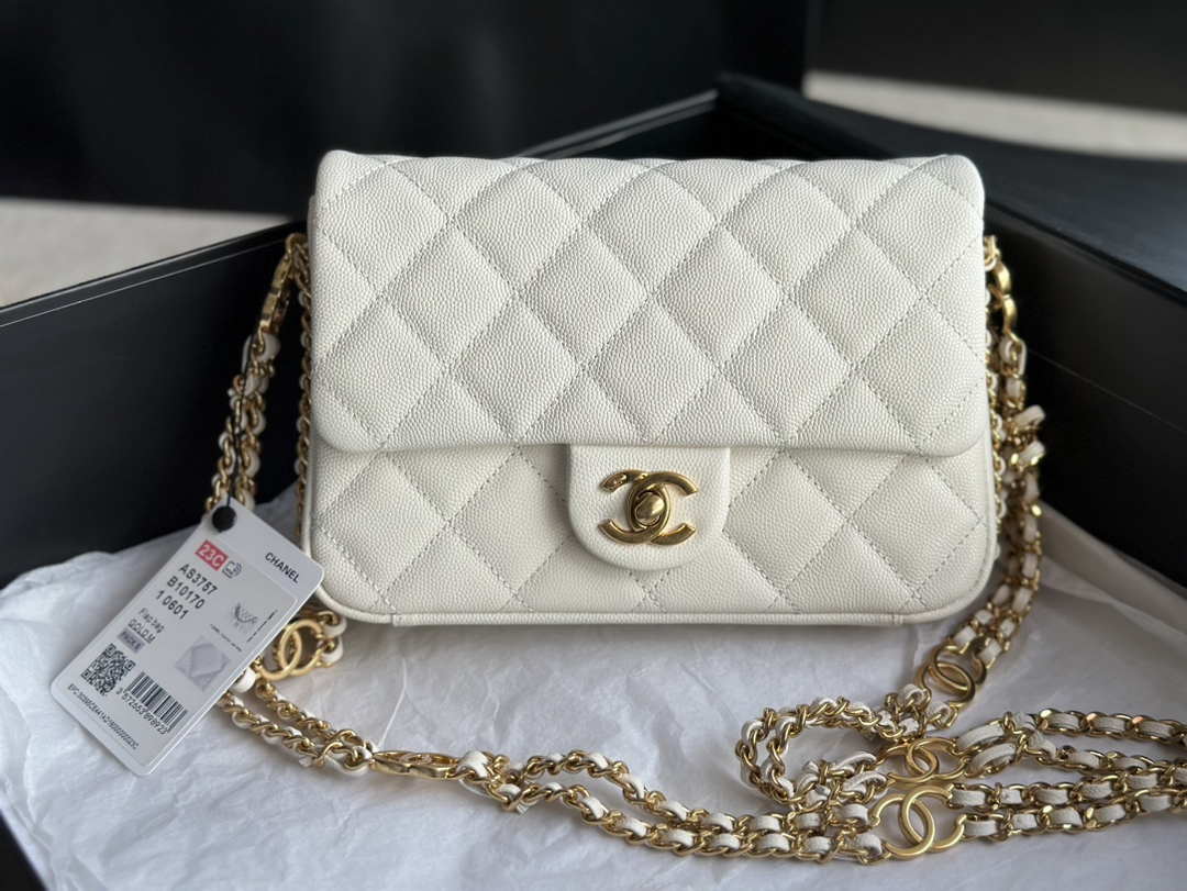 Chanel AS3757 Mini Flap Bag Grained Calfskin & Gold-Tone Metal White - Default Title - View 2