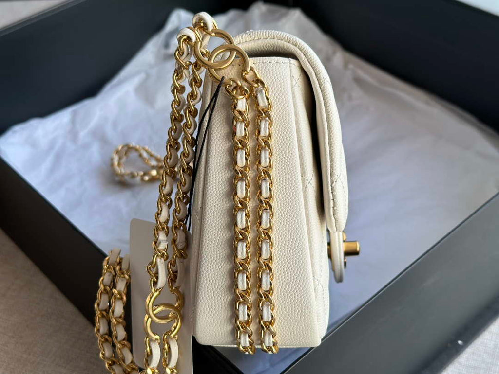 Chanel AS3757 Mini Flap Bag Grained Calfskin & Gold-Tone Metal White