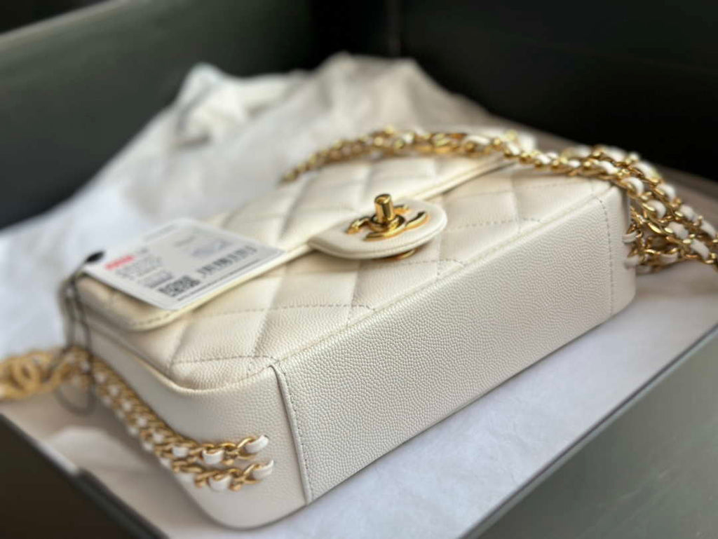Chanel AS3757 Mini Flap Bag Grained Calfskin & Gold-Tone Metal White