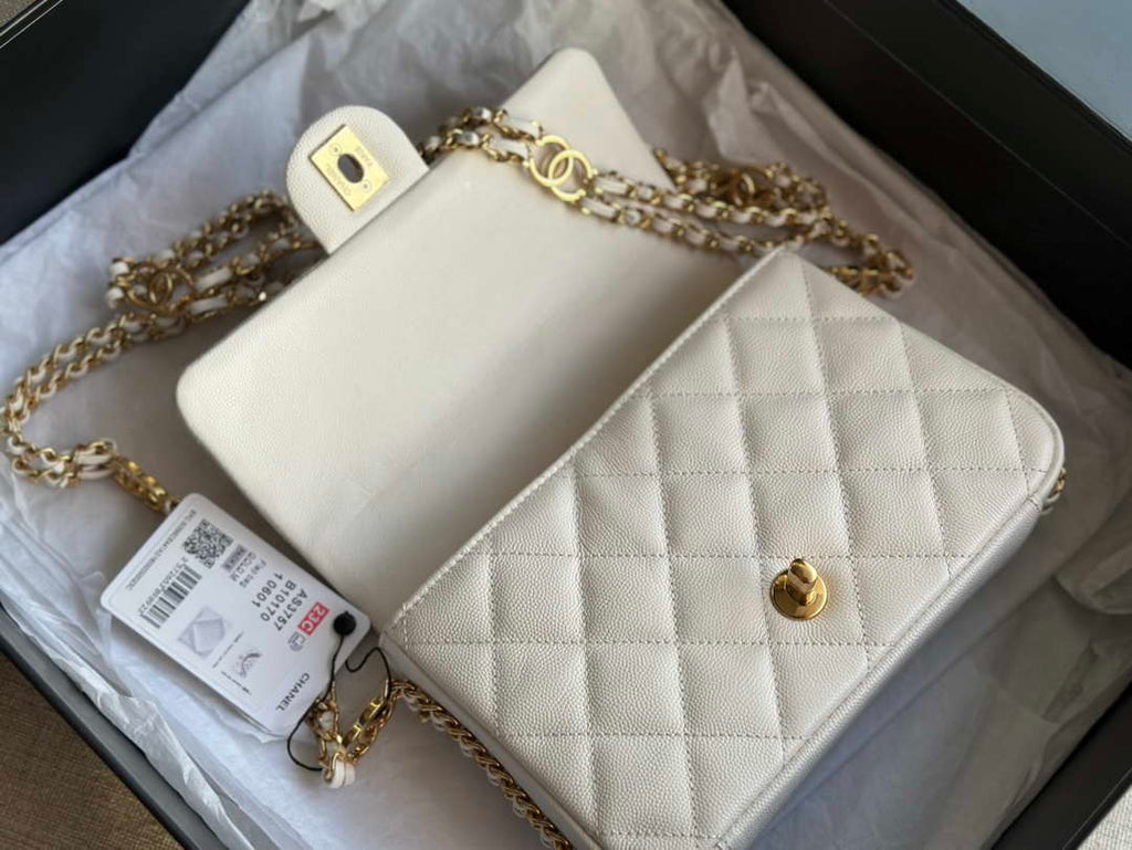 Chanel AS3757 Mini Flap Bag Grained Calfskin & Gold-Tone Metal White