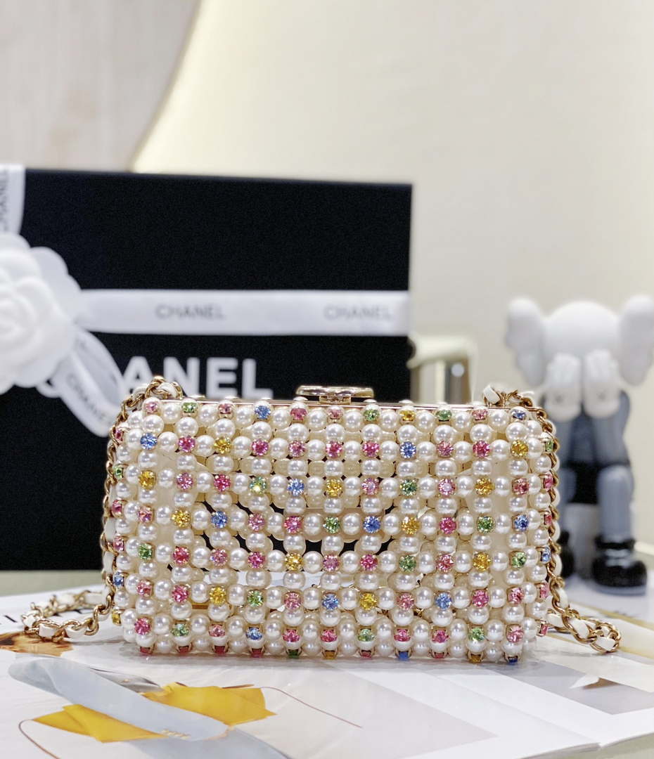 Chanel AS3771 EVENING Bag Glass Pearls & Gold-Tone Metal White & Multicolor