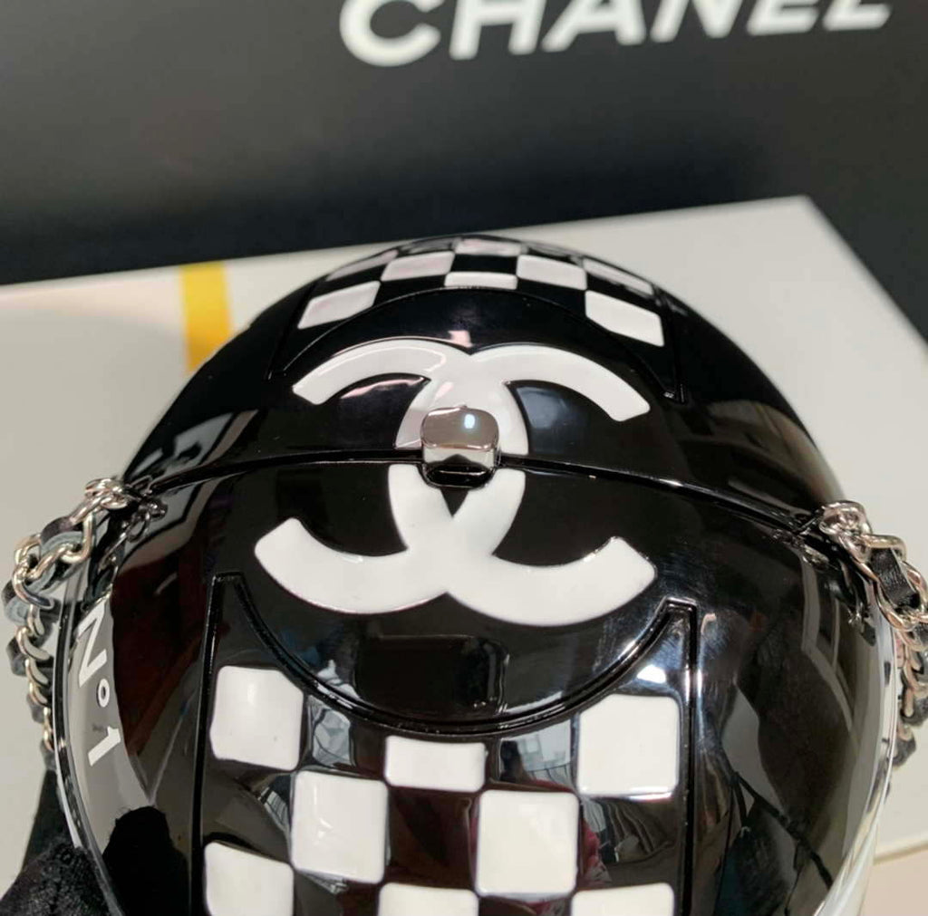 Chanel Evening Helmet Minaudiere Resin Strass AS3774 Black and White