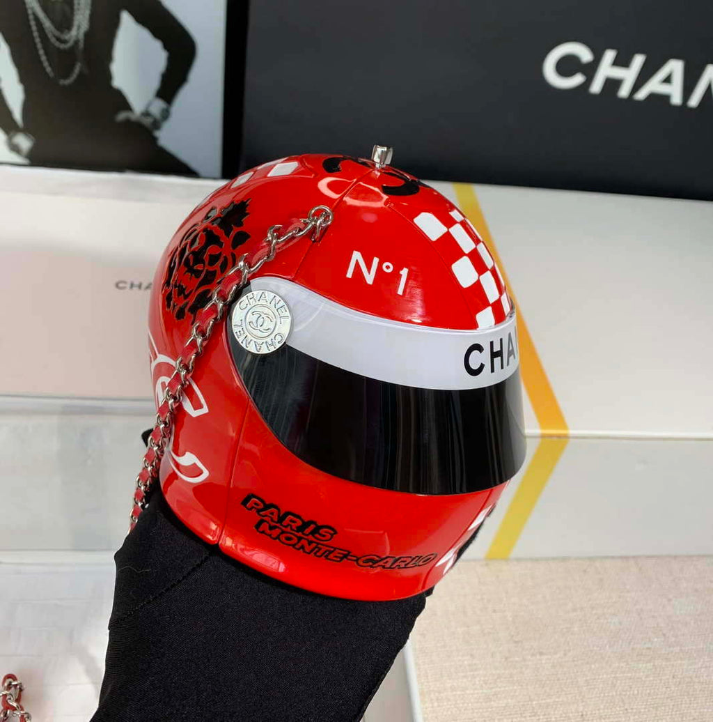 Chanel AS3774 Evening Helmet Minaudiere Resin Strass Red and White