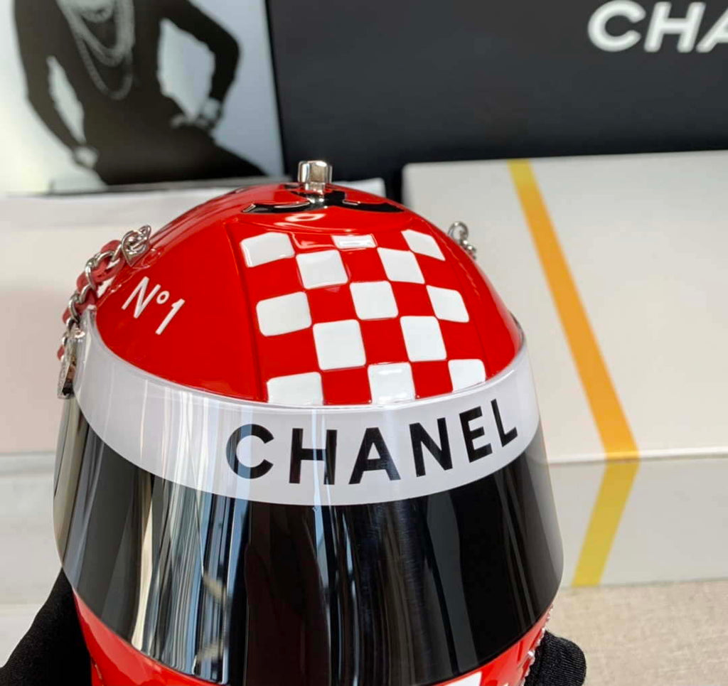 Chanel AS3774 Evening Helmet Minaudiere Resin Strass Red and White