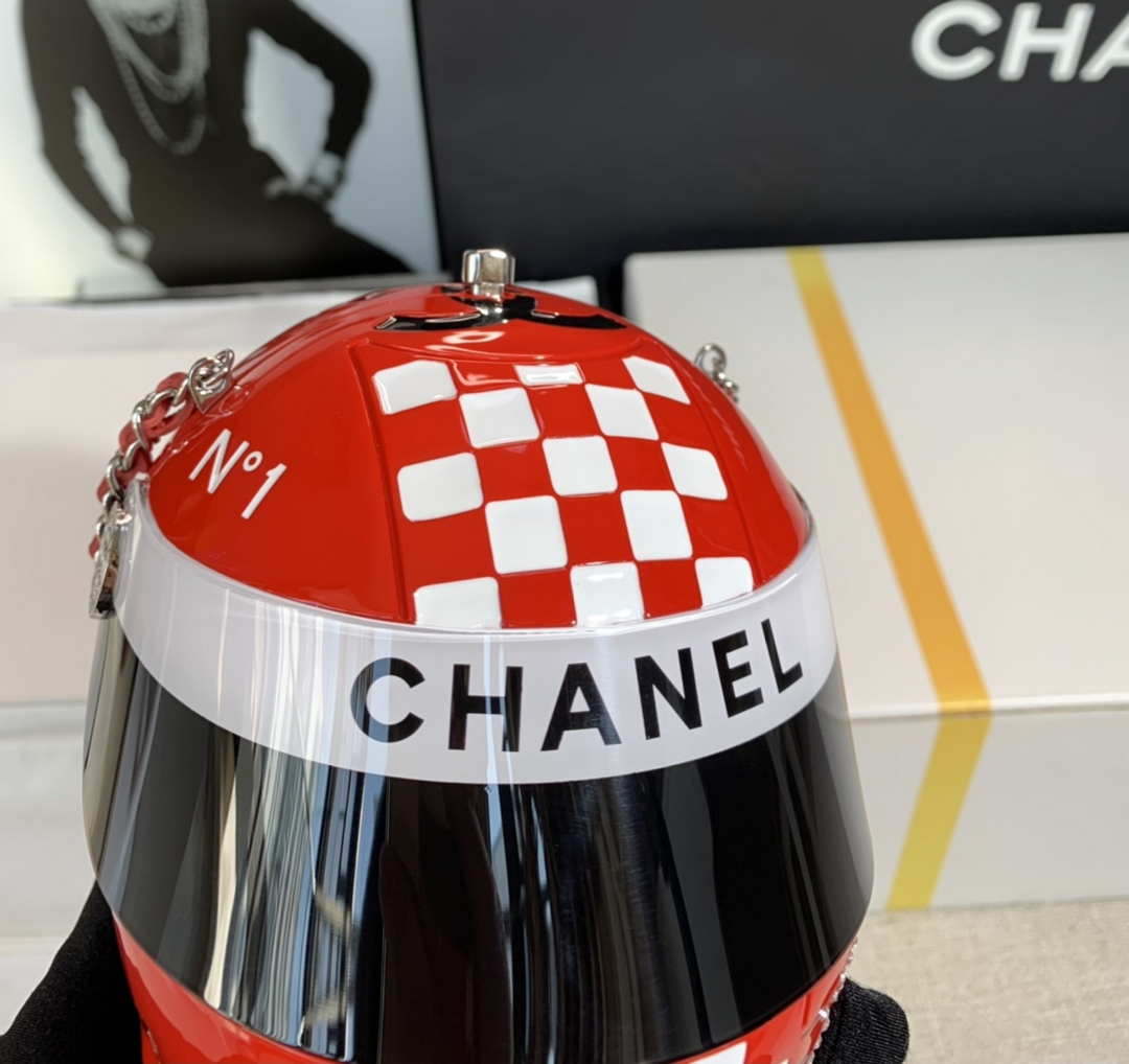 Chanel AS3774 Evening Helmet Minaudiere Resin Strass Red and White