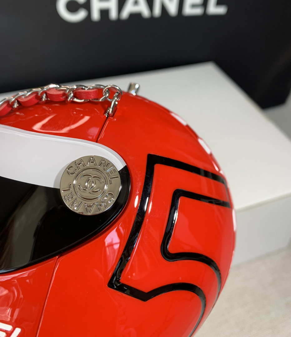 Chanel AS3774 Evening Helmet Minaudiere Resin Strass Red and White