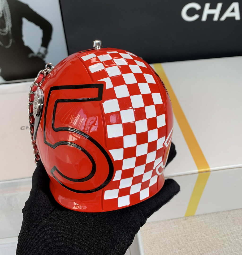 Chanel AS3774 Evening Helmet Minaudiere Resin Strass Red and White