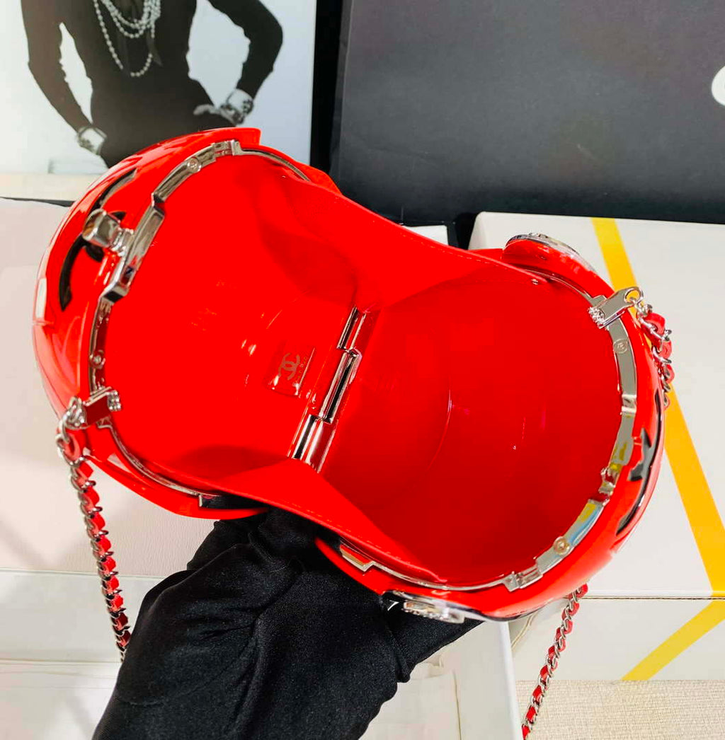 Chanel AS3774 Evening Helmet Minaudiere Resin Strass Red and White