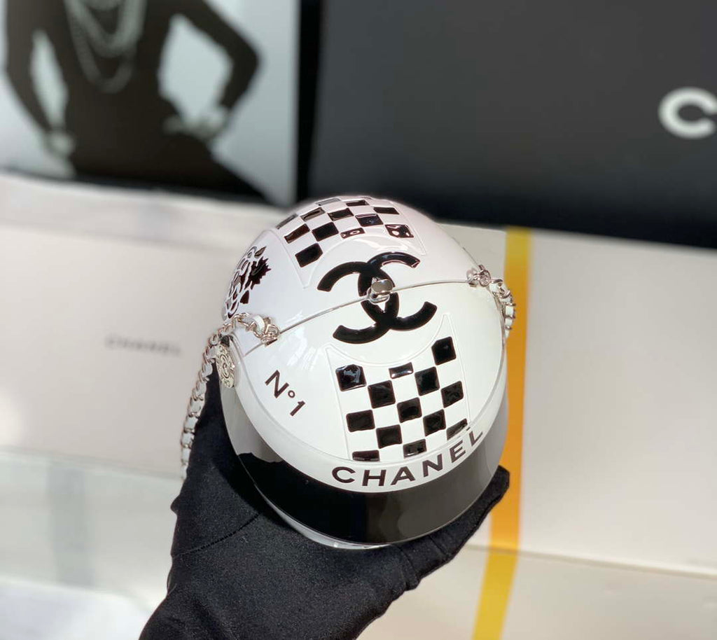 Chanel AS3774 Evening Helmet Minaudiere Resin Strass White and Black