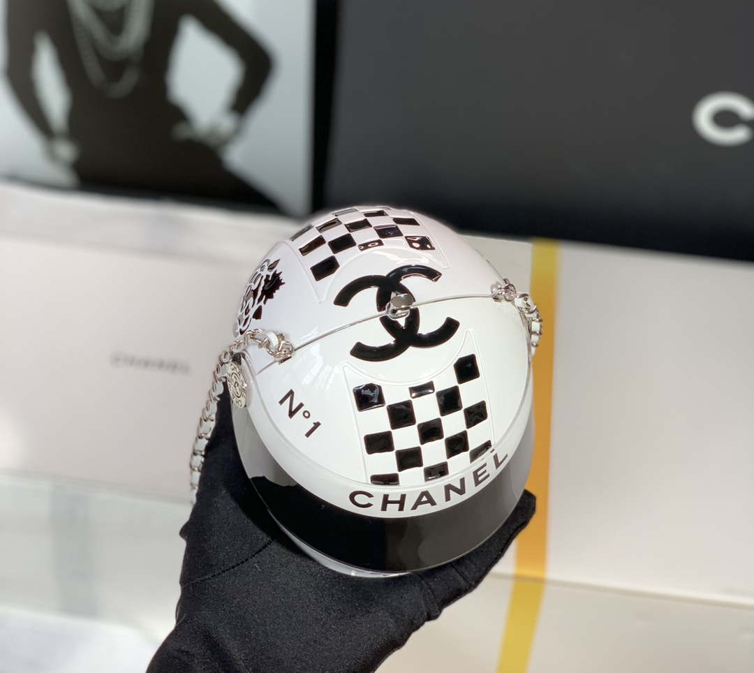 Chanel AS3774 Evening Helmet Minaudiere Resin Strass White and Black