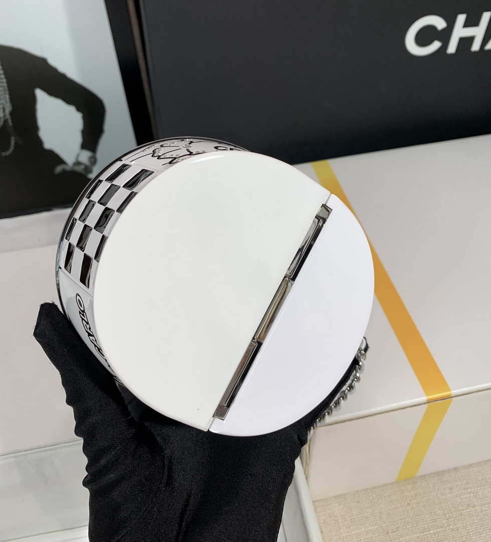 Chanel AS3774 Evening Helmet Minaudiere Resin Strass White and Black