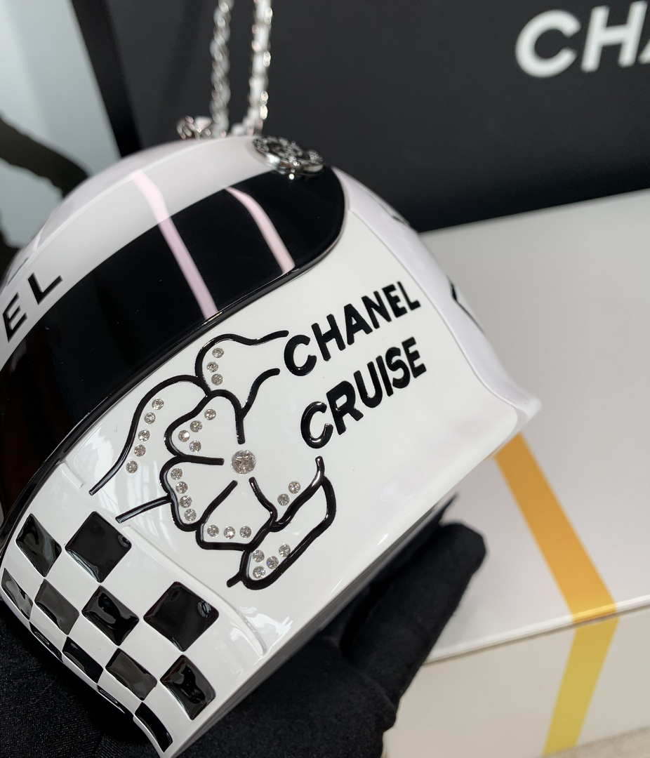 Chanel AS3774 Evening Helmet Minaudiere Resin Strass White and Black