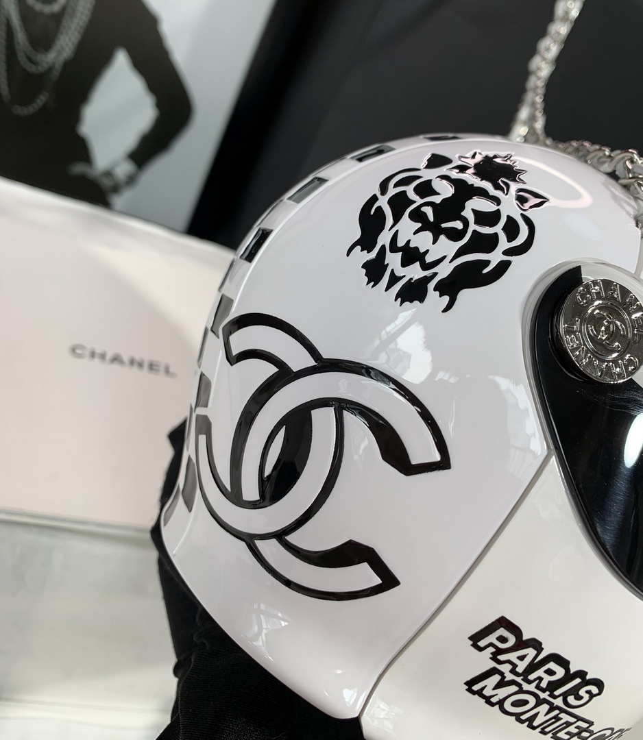 Chanel AS3774 Evening Helmet Minaudiere Resin Strass White and Black