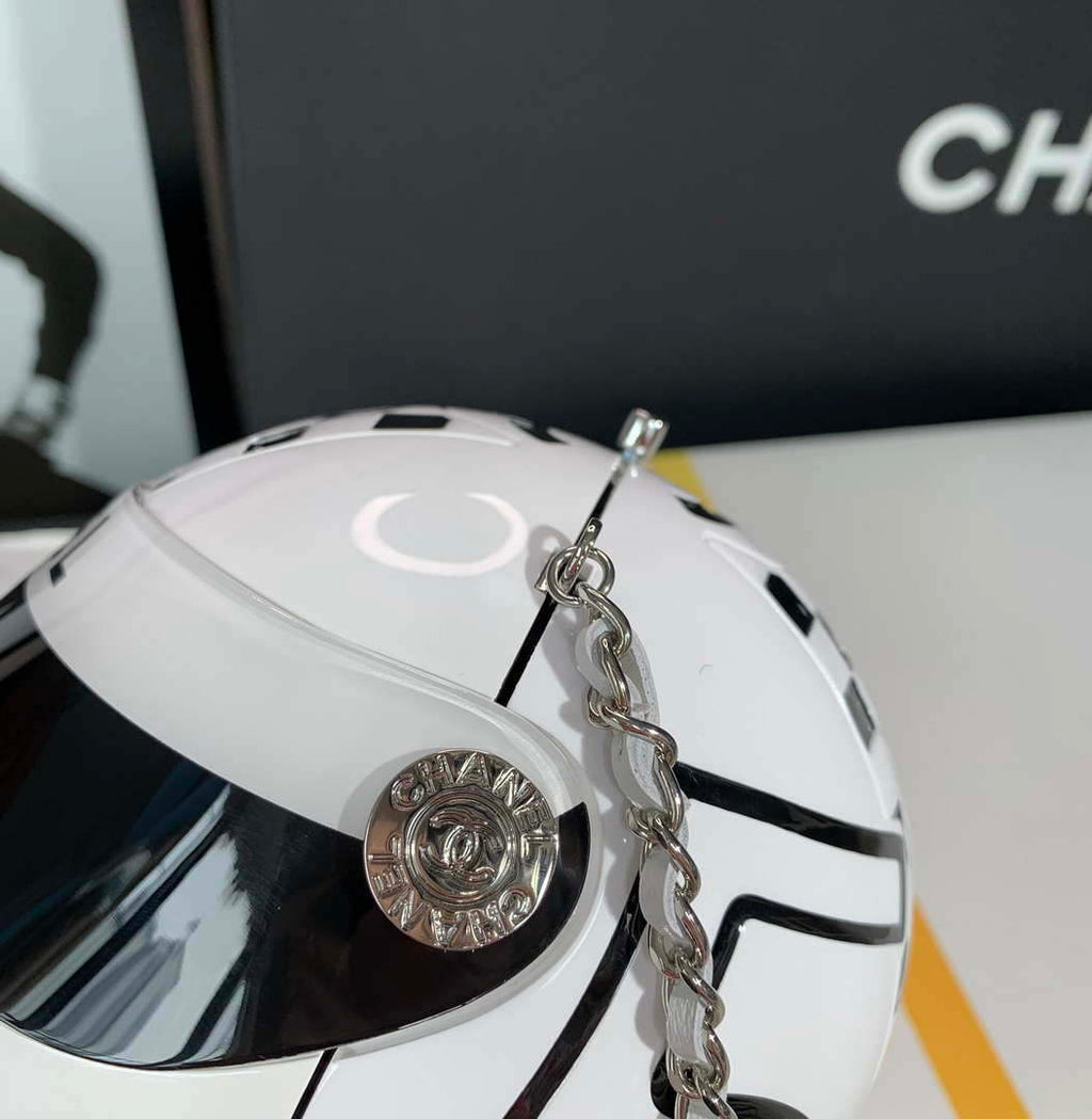 Chanel AS3774 Evening Helmet Minaudiere Resin Strass White and Black