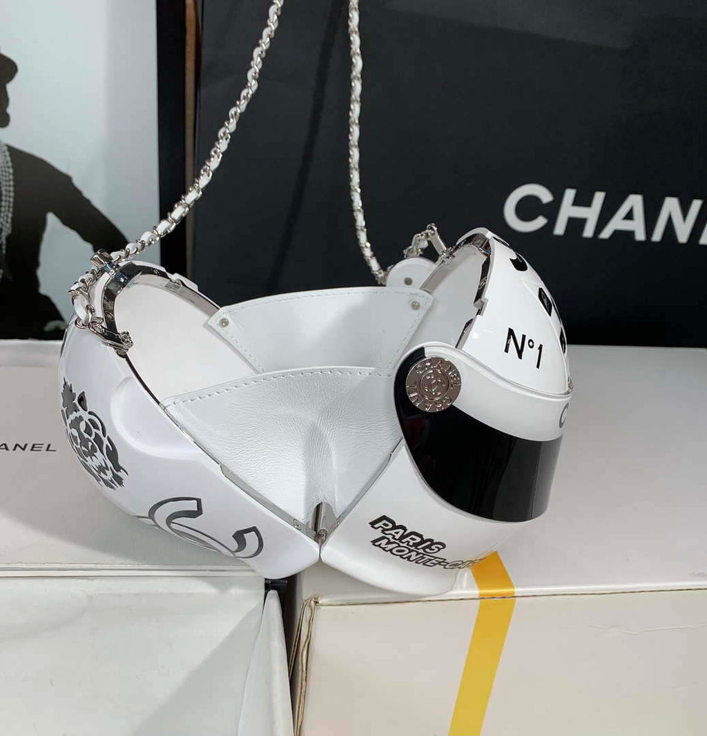 Chanel AS3774 Evening Helmet Minaudiere Resin Strass White and Black