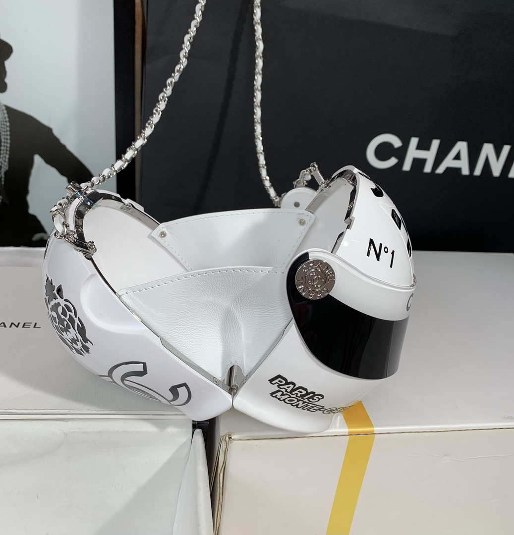 Chanel AS3774 Evening Helmet Minaudiere Resin Strass White and Black