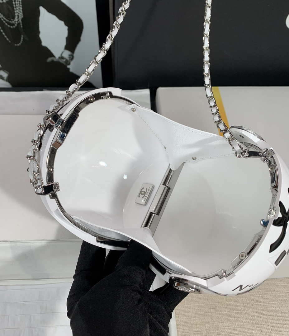 Chanel AS3774 Evening Helmet Minaudiere Resin Strass White and Black