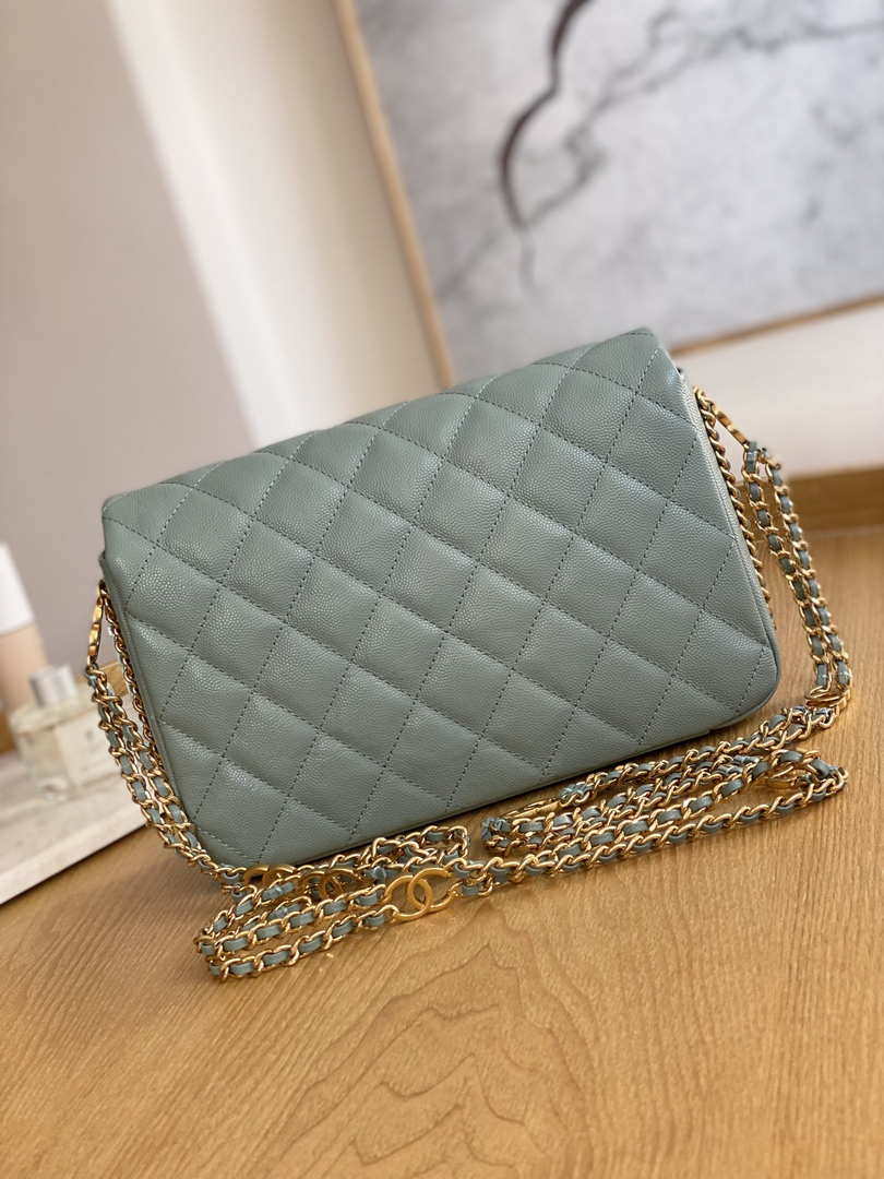 Chanel AS3777 Flap Bag Grained Calfskin & Gold-Tone Metal Light Green