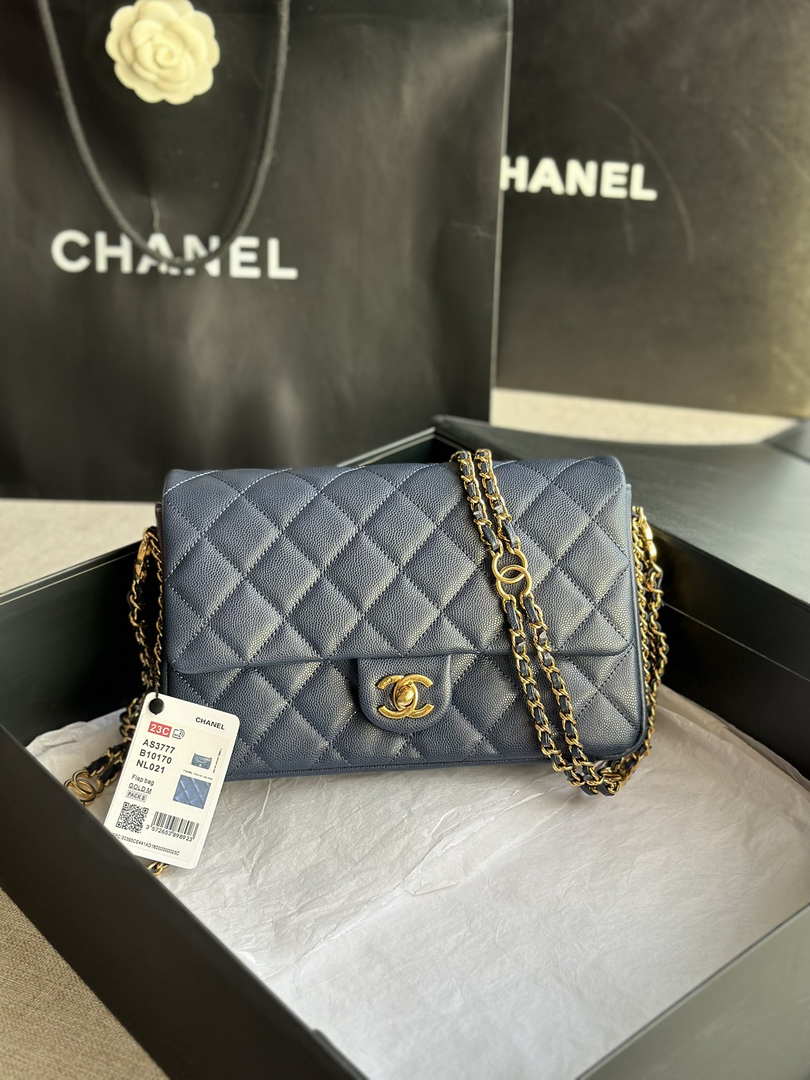 Chanel AS3777 Flap Bag Grained Calfskin & Gold-Tone Metal Navy Blue