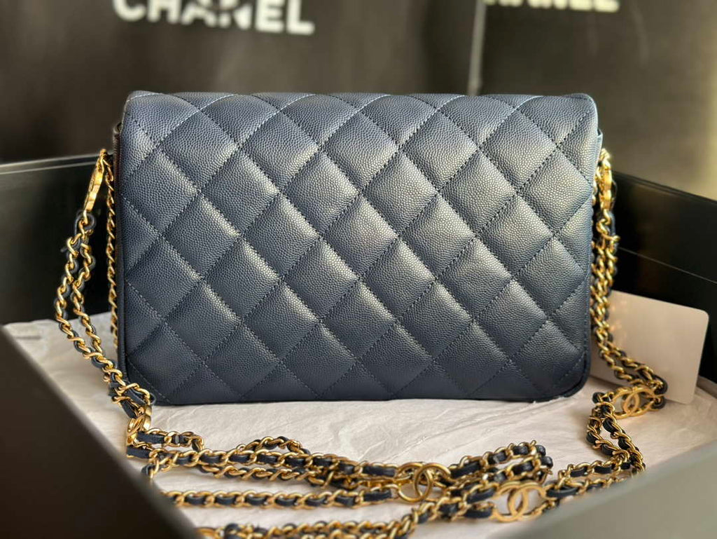 Chanel AS3777 Flap Bag Grained Calfskin & Gold-Tone Metal Navy Blue