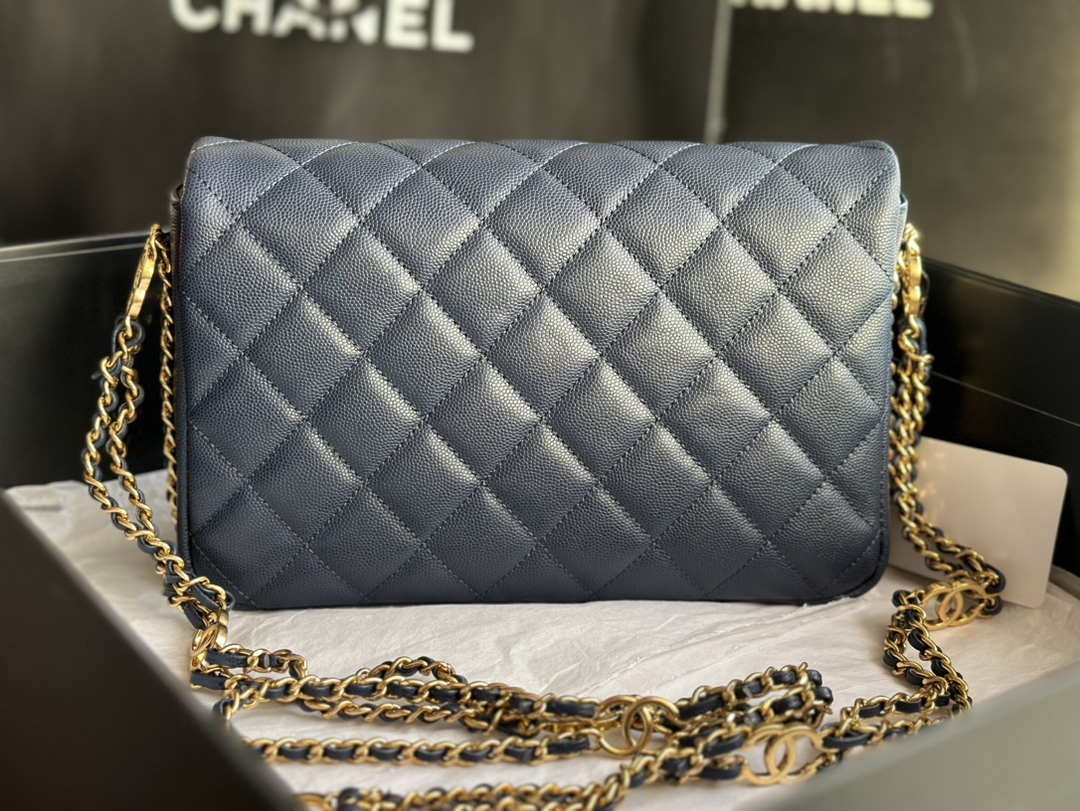 Chanel AS3777 Flap Bag Grained Calfskin & Gold-Tone Metal Navy Blue