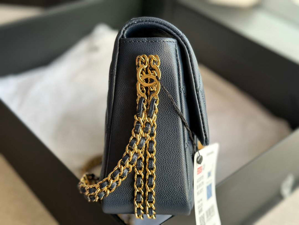 Chanel AS3777 Flap Bag Grained Calfskin & Gold-Tone Metal Navy Blue