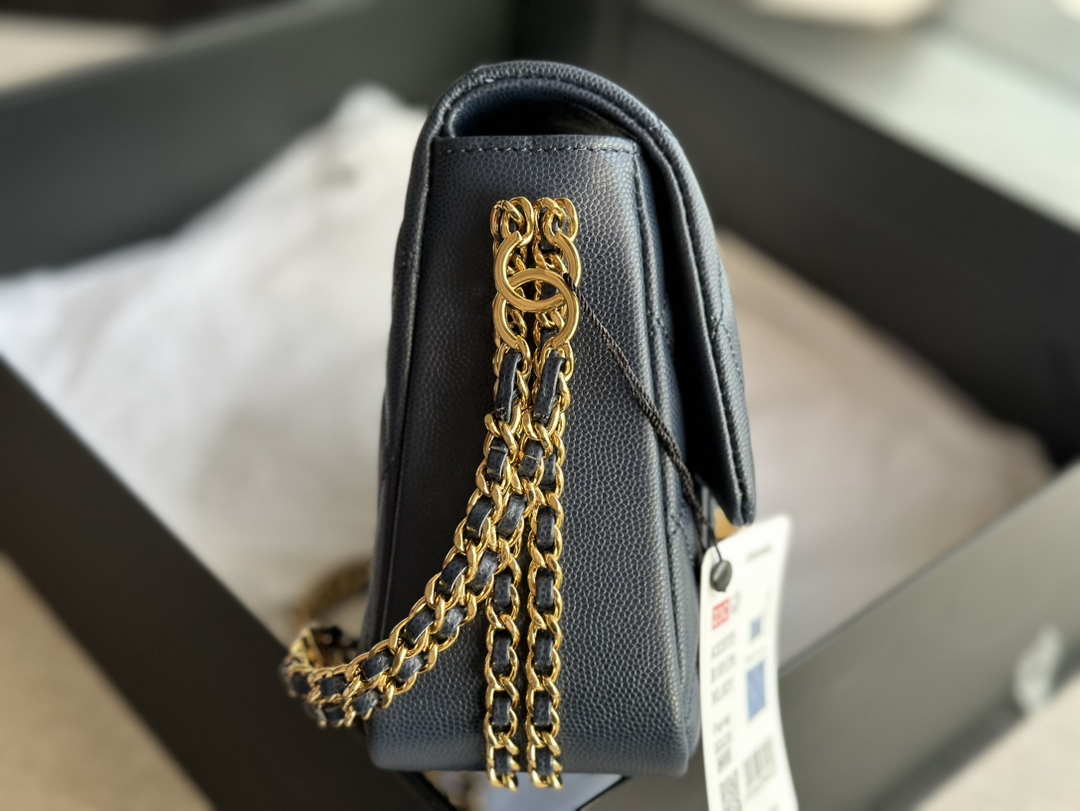 Chanel AS3777 Flap Bag Grained Calfskin & Gold-Tone Metal Navy Blue